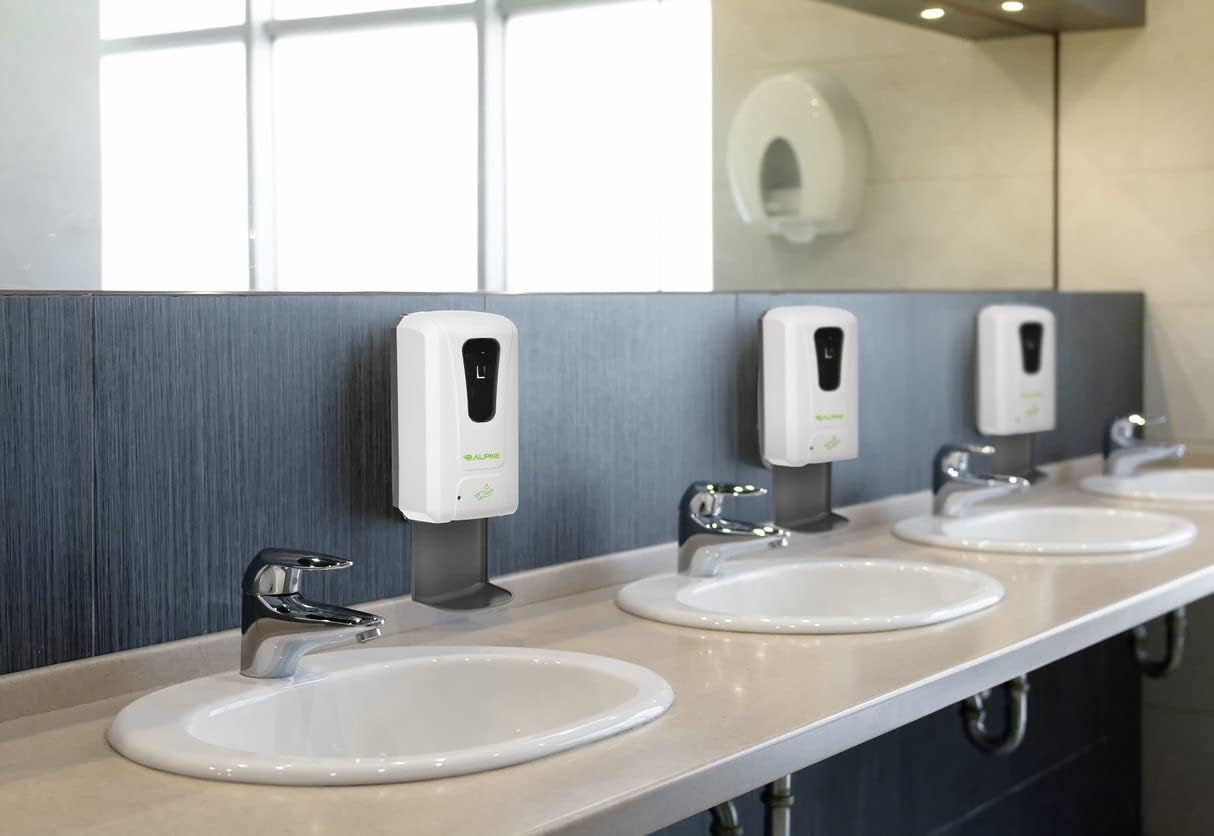 Alpine Touchless Hand Sanitizer Dispenser 1200 mL, White – Automatic Soap/Gel with Drip Tray for Kitchen, Bathroom, Hotel, School, Hospital