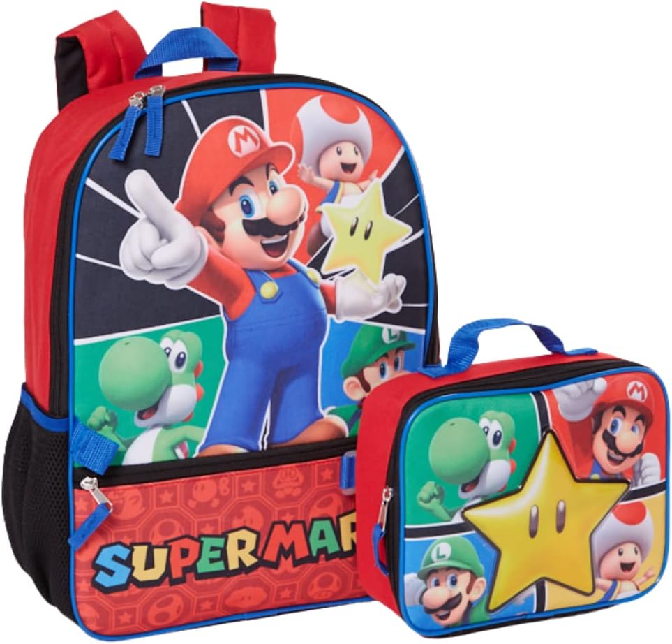 RALME Super Mario 16″ Backpack & Lunch Box Set, Value Bundle for Boys & Girls