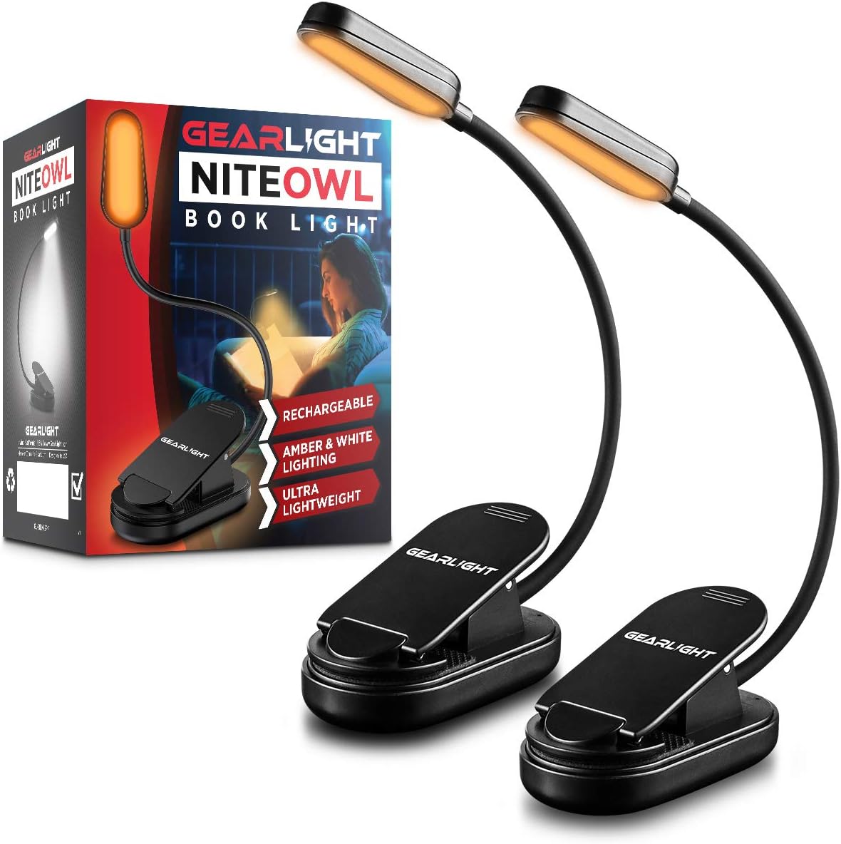GearLight Rechargeable Book Light, Pack of 2, Clip-On with Adjustable Neck, 3 LED Modes, Black