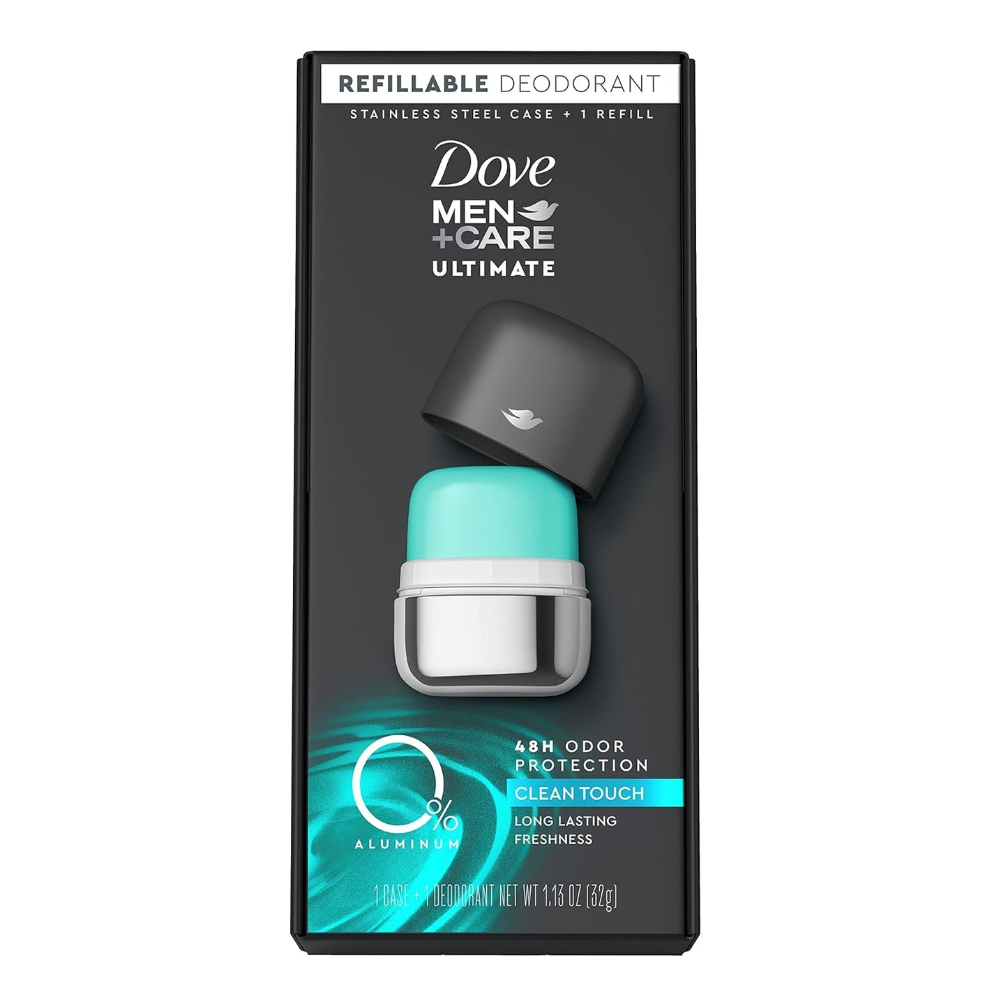 Dove Men+Care Ultimate Refillable Deodorant Kit, Clean Touch, 0% Aluminum, Aluminum-Free Deodorant, 1.13 oz