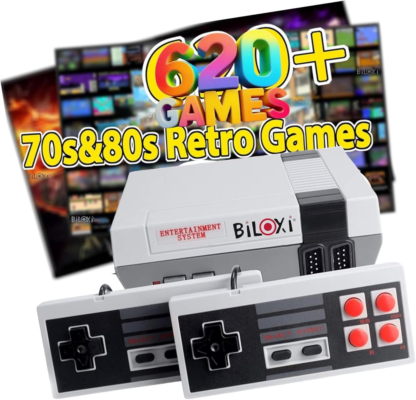 Biloxi 620 Retro Mini Game Console – 8-Bit Classic System with 620 Built-In Games & 2 Controllers, HDMI/AV Output, Gift for Kids & Adults