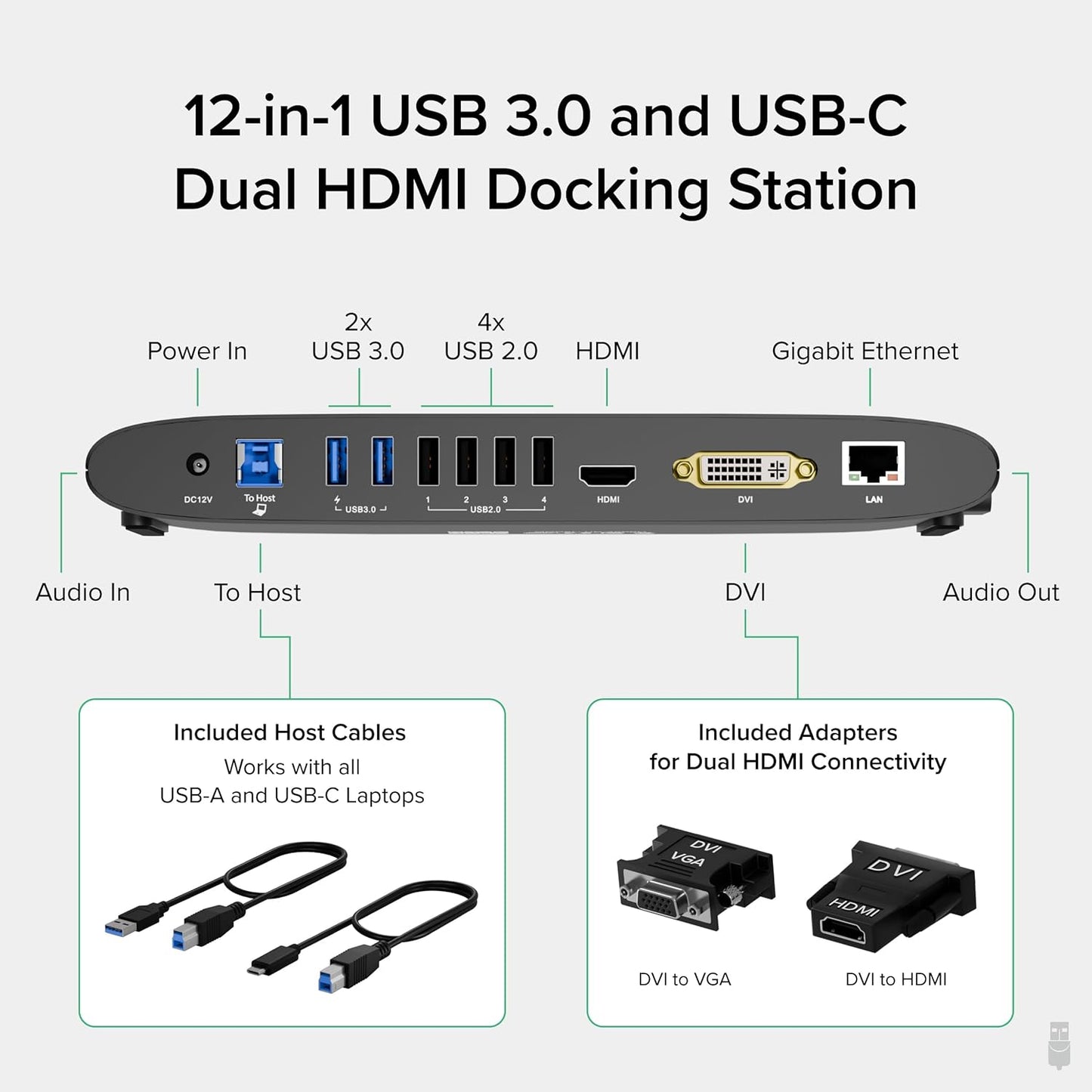 Plugable USB 3.0 Universal Docking Station for Windows, macOS, ChromeOS - Dual HDMI or DVI/VGA Monitors, Gigabit Ethernet, Audio, 6 USB Ports, Horizontal