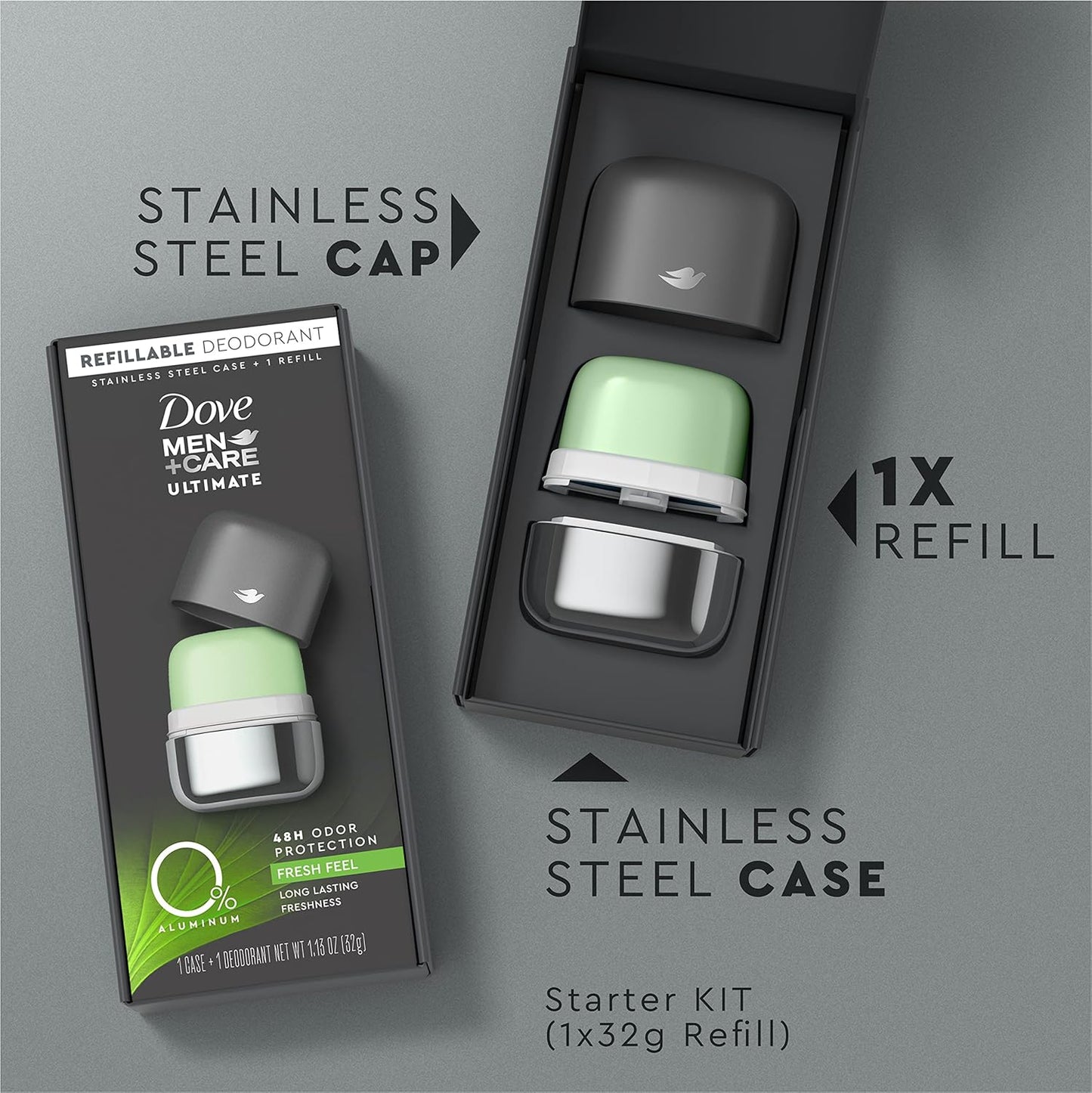 Dove Men+Care Refillable Deodorant Kit, 0% Aluminum, Fresh Feel, Aluminum-Free Deodorant, 1.13 oz.