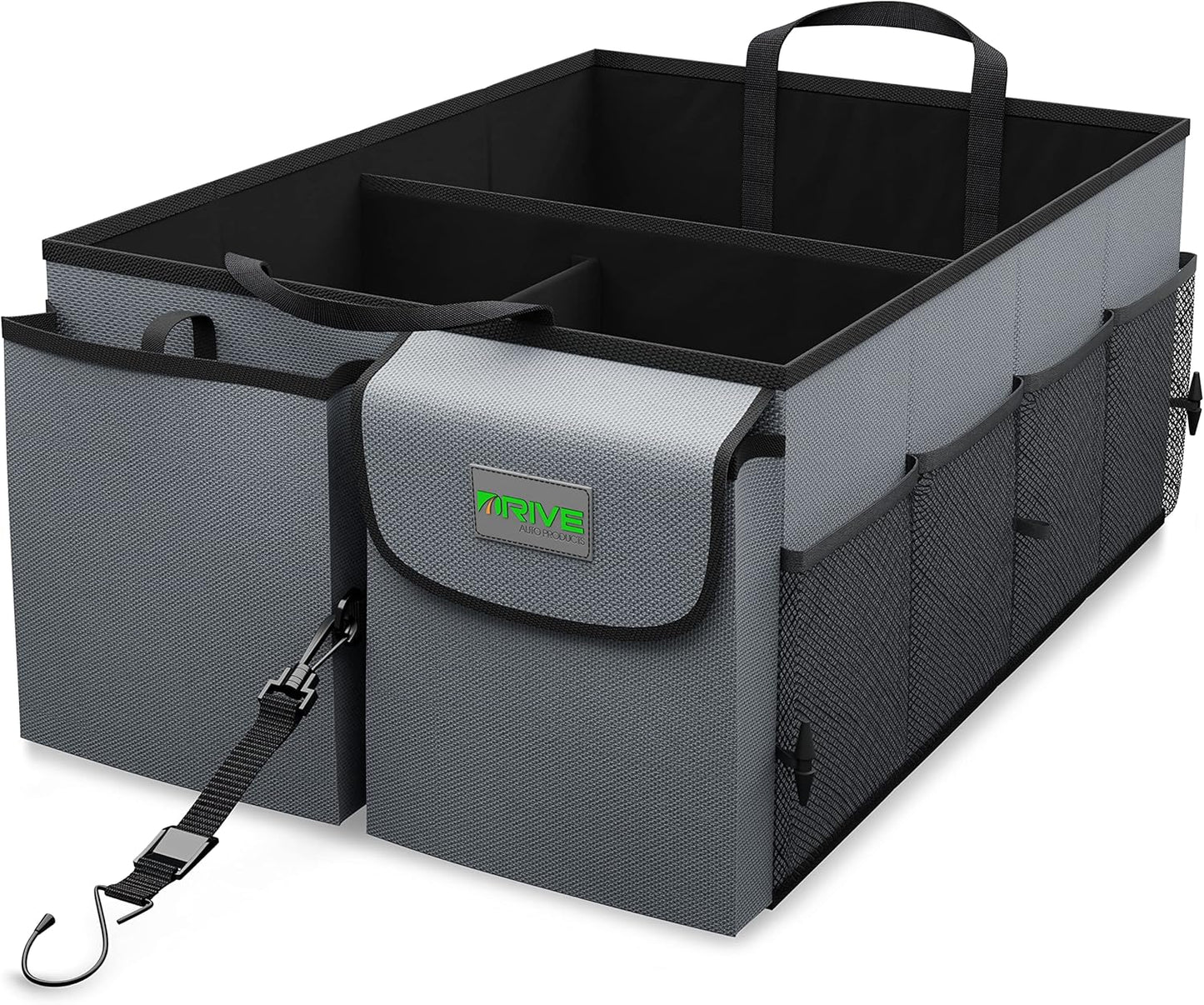 DRIVE Collapsible Multi‑Compartment Car Trunk Organizer with Adjustable Straps, Grey