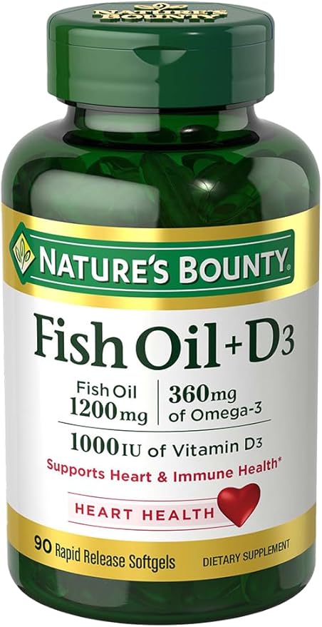 Nature’s Bounty Fish Oil + Vitamin D3 – 1200mg, 90 Softgels | Supports Heart & Immune Health