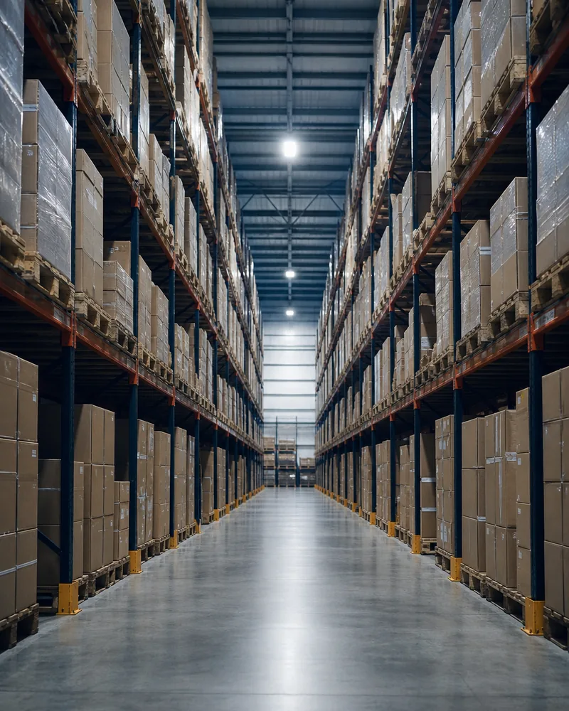 Warehouse aisle with tall inventory racking