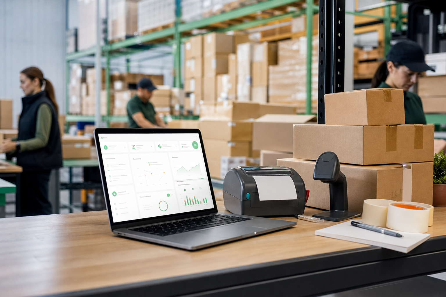 Marketplace order dashboard beside packed ecommerce shipments