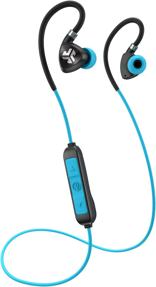 JLab Fit 2.0 Wireless Sports Earbuds with Bluetooth 4.1, 10mm Titanium Drivers, 6-Hour Battery Life, IP55 Sweat Resistance, Flexible Memory Wire – Blue.