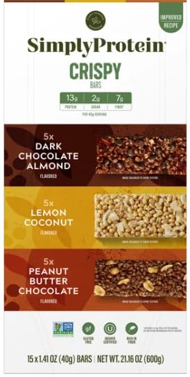 SimplyProtein Crispy Bars Variety Pack, 15 Count – Dark Chocolate Almond, Lemon Coconut, Peanut Butter Chocolate – 21.16 oz