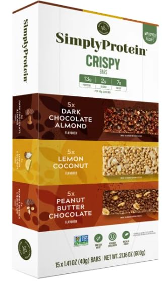 SimplyProtein Crispy Bars Variety Pack, 15 Count – Dark Chocolate Almond, Lemon Coconut, Peanut Butter Chocolate – 21.16 oz