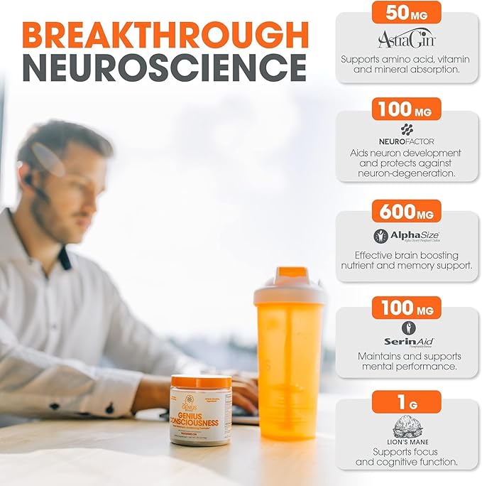 Genius Consciousness Super Nootropic Brain Supplement Powder, Watermelon Flavor – Enhances Focus, Cognitive Function, Concentration & Memory – Includes Alpha GPC & Lion's Mane Mushroom for Neuro Energy & IQ Boost
