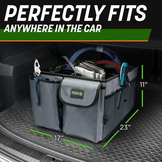 Collapsible Drive Auto Car Trunk Organizer – Multi-Compartment Storage Solution for SUVs and Cars with Adjustable Straps – Ideal Truck & Car Accessory for Men and Women – Grey