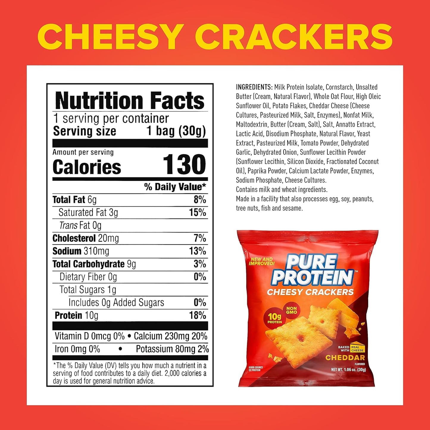 Pure Protein Cheddar Cheesy Crackers, High-Protein Snack with 10G Protein, 1.06 Oz, Pack of 12