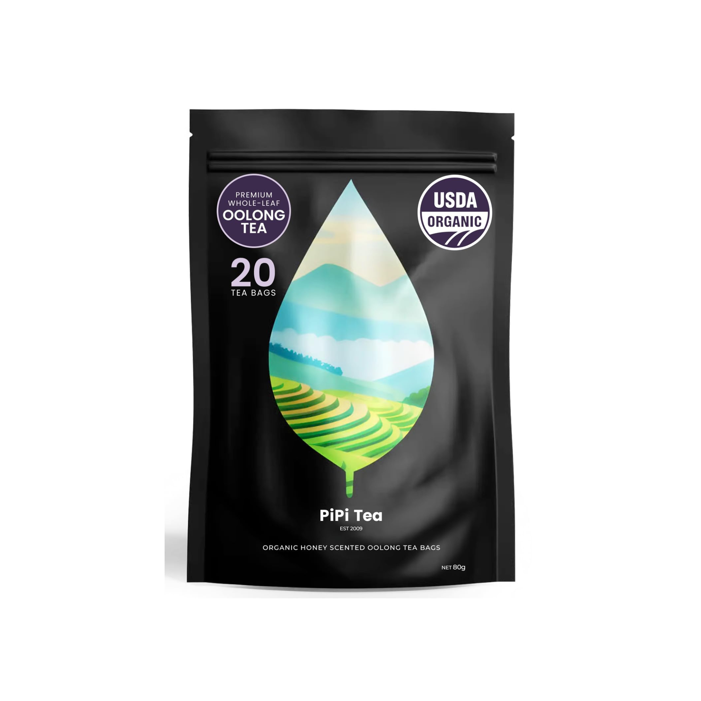 PiPi Tea Organic Oolong Tea Bags, Whole Leaf, 20 Bags (4g Each)