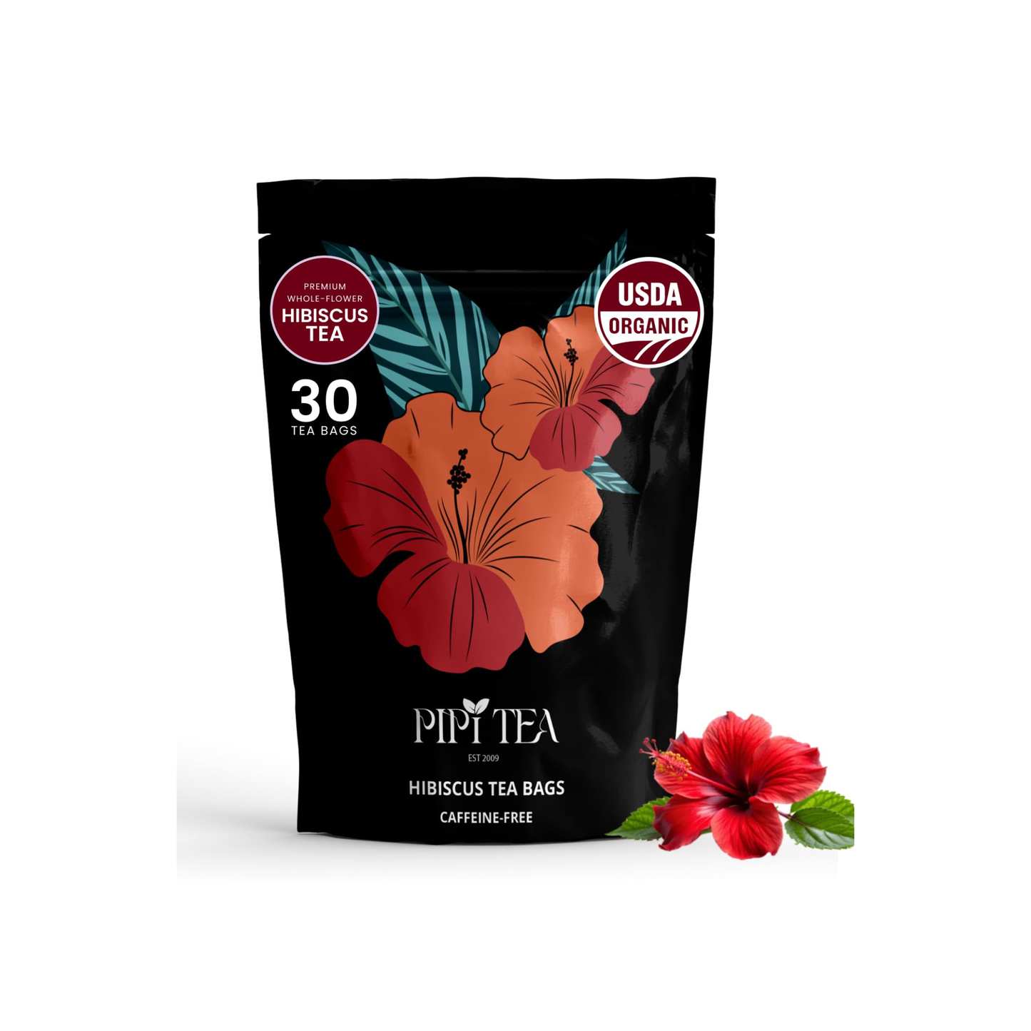 PiPi Tea Organic Hibiscus Tea Bags, Caffeine Free Herbal Tea, Organic, Non GMO & Vegan, 60g